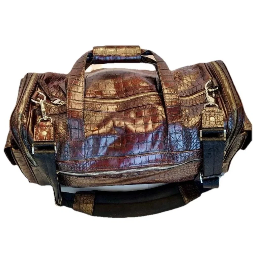 Vtg Bosca Crocodile Print Brown Leather Moda di Roma Travel Duffle Bag New